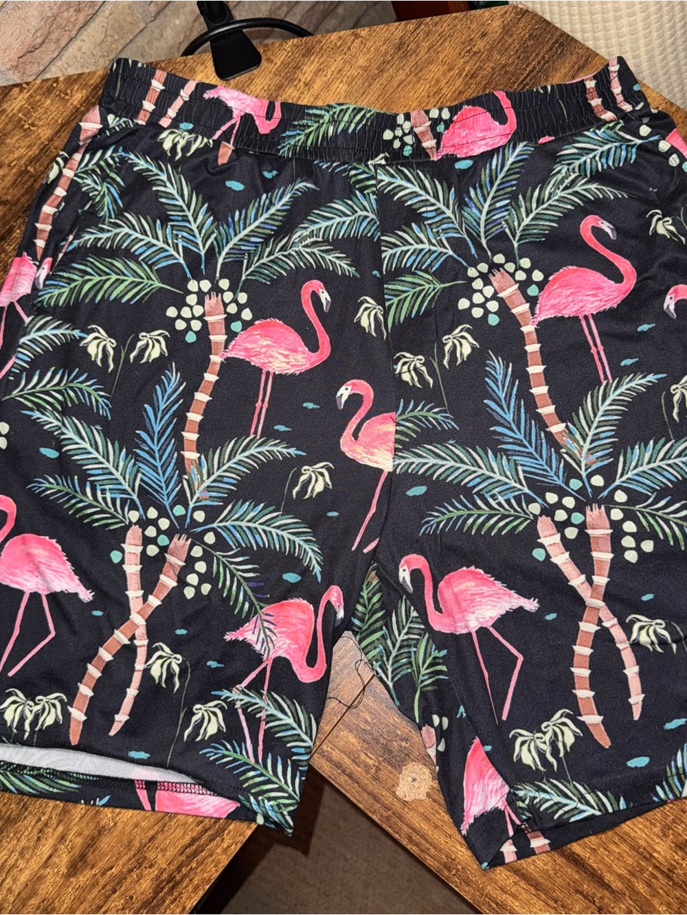 SHEIN Black Swim Shorts with Pink Flamingo & Green Palm Print